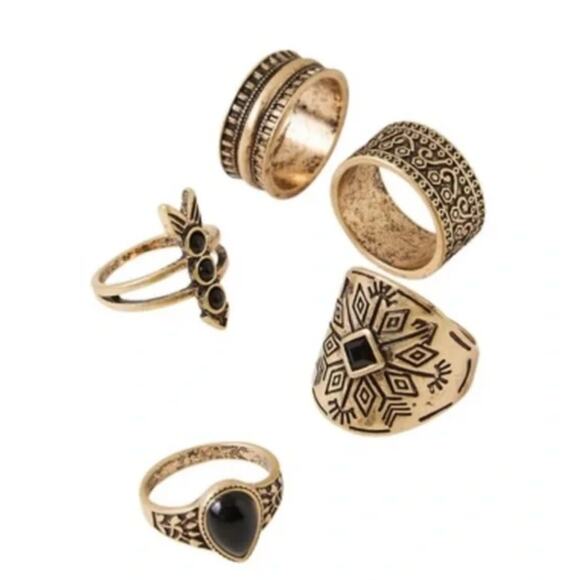 NWT Free People Count Your Lucky Stars Stacking Rings Set of 5 Gold Black - Picture 1 of 5